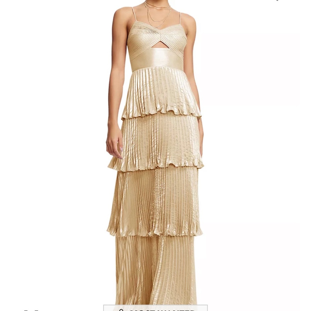 Dress the Population Gold Tiered Pleated Maxi Dress with Cutout
